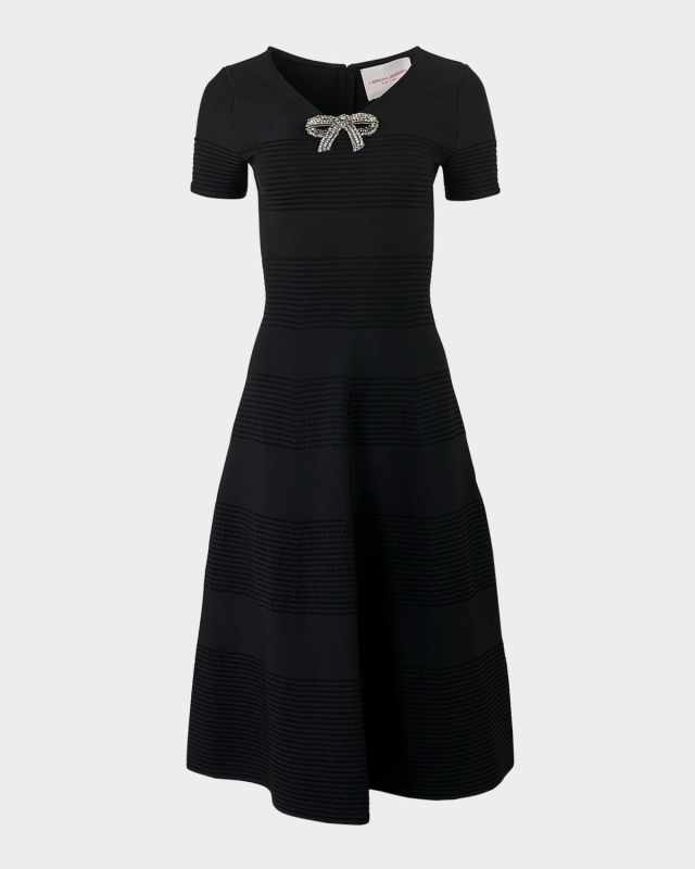 Crystal Bow V-Neck Flare Dress